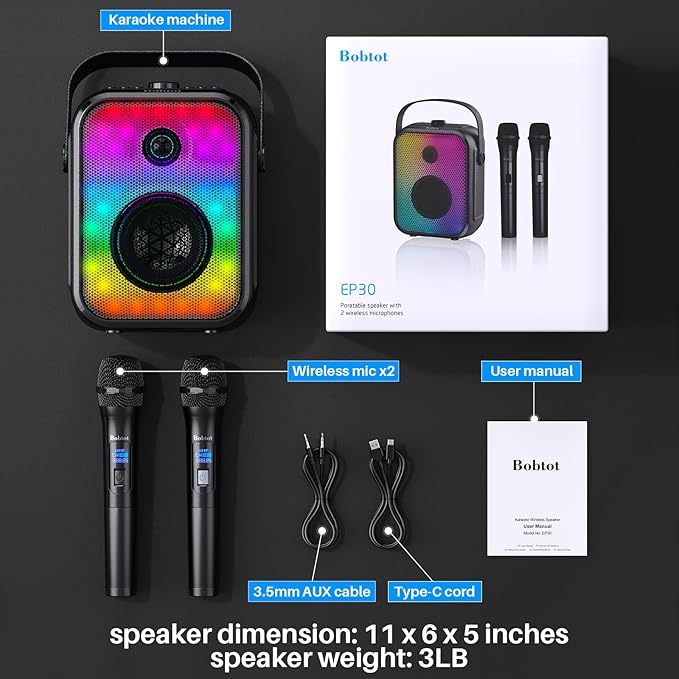 Karaoke Machine, Portable Bluetooth Speaker with 2 Wireless Karaoke Microphones, Karaoke Machine for Adults Kids with Subwoofer, LED Light Support TWS/FM/USB/AUX for Home Party Outdoor-BubblyBeeBaby