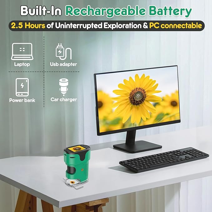 1000X Handheld Microscope for Kids 4K 2.0" Screen Rechargeable Mini Pocket Digital Microscopes w/Slides Kit Portable Edu Gift Age 4-6 8-12 Children Students (Green)-BubblyBeeBaby