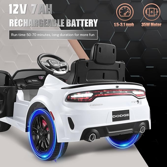 12V 7Ah Kids Electric Ride on Car, Licensed Dodge Charger SRT Hellcat, Battery Powered 4-Wheels Toy Car Electric Vehicle for Kids with Remote Control, 3 Speeds, LED Lights, Music (White)-BubblyBeeBaby
