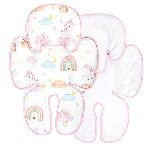 Summer Infant Car Seat Insert, 2 in 1 Baby Car Seat Head Body Support for Newborn Upgrade Mesh Baby Car Seat Insert Stroller Cushion for Boys Girls, Extra Soft and Breathable, Unicorn-BubblyBeeBaby