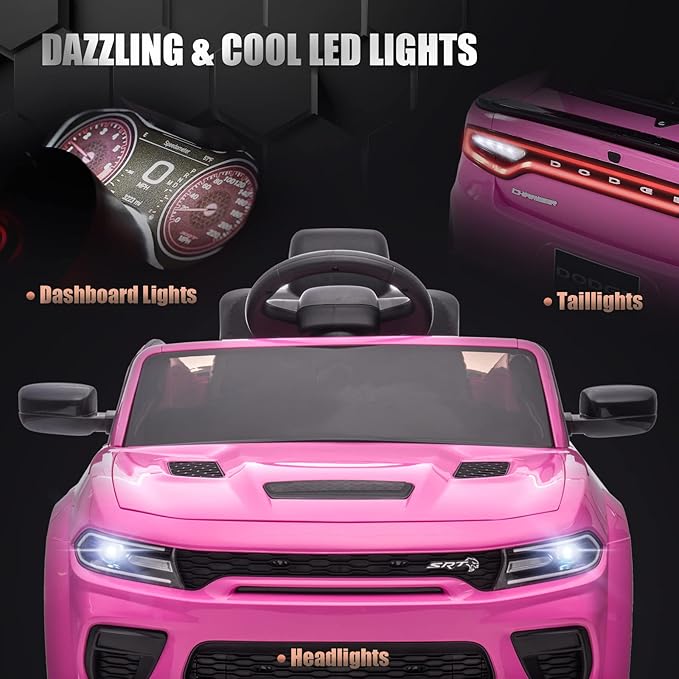12V 7Ah Kids Electric Ride on Car, Licensed Dodge Charger SRT Hellcat, Battery Powered 4-Wheels Toy Car Electric Vehicle for Kids with Remote Control, 3 Speeds, LED Lights, Music (Pink)-BubblyBeeBaby
