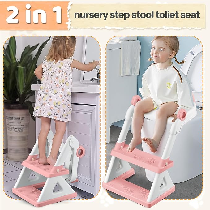2 In 1 Potty Training Toilet Seat & Toddler Step Stool, Bottom Triangle Stability Toddler Toilet Seat, Adjustable Step & Seat Height Potty Seats (Pink)-BubblyBeeBaby