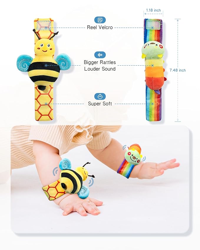 Infinno Baby Wrist Rattle Socks and Foot Finder Set, Perfect Baby Toys for 0-12 Months Newborn Boys and Girls As Shower Gifts, Garden Bug Series-BubblyBeeBaby