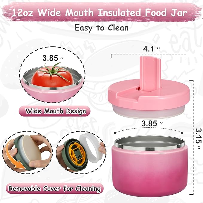 12oz Insulated Vacuum Food Jar with Buckle Lid Wide Mouth Soup Thermo for Hot Food Kids Leakproof Stainless Steel Lunch Container (Gradient Pink, 12OZ)-BubblyBeeBaby