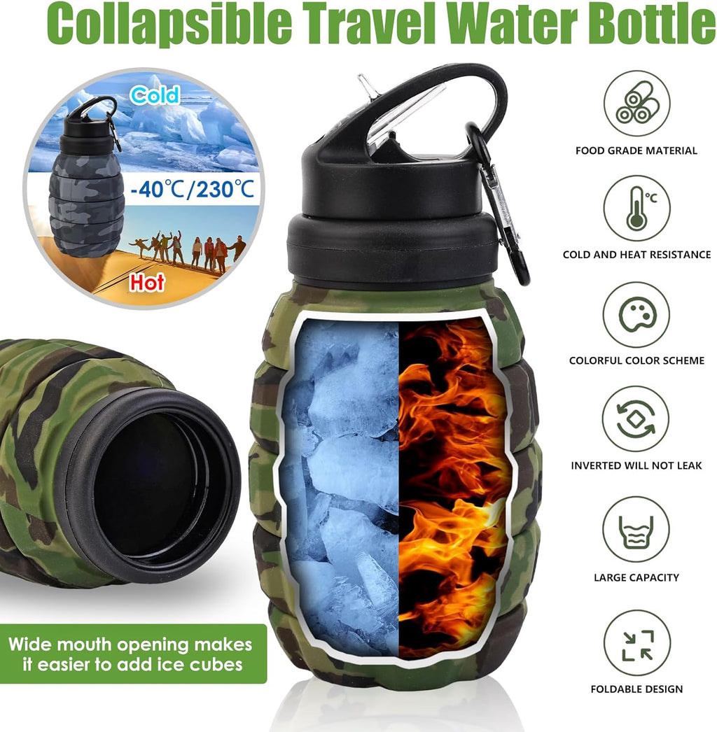Collapsible Travel Water Bottle18oz, Reuseable Silicone Foldable Water Bottles for Gym Camping Hiking, Portable Leak Proof Sports Water Bottle with rugby Carabiner (Grey)
