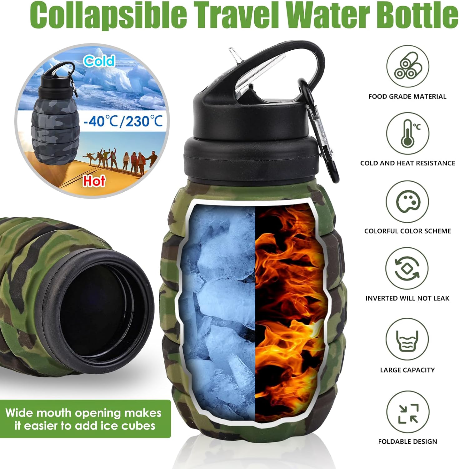 Collapsible Travel Water Bottle18oz, Reuseable Silicone Foldable Water Bottles for Gym Camping Hiking, Portable Leak Proof Sports Water Bottle with rugby Carabiner (Dark gray)