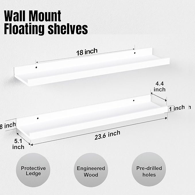 23.6 Inches Long Floating Shelves Wall Mounted, 2 Set Modern White Wall Shelf for Bedroom, Nursery Book Shelf with Lip, Picture Ledge Shelf for Wall Decor Living Room Bathroom Kitchen- White-BubblyBeeBaby