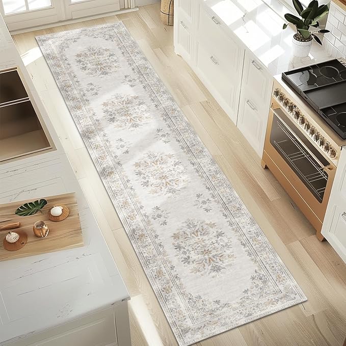 jinchan Hallway Runner Rug 2x10 Vintage Floral Distressed Design - Machine Washable Non-Slip Low-Pile Soft Thin Faux Wool Kitchen Carpet for Farmhouse Bedroom Laundry Room(2x10ft,Light Grey)-BubblyBeeBaby