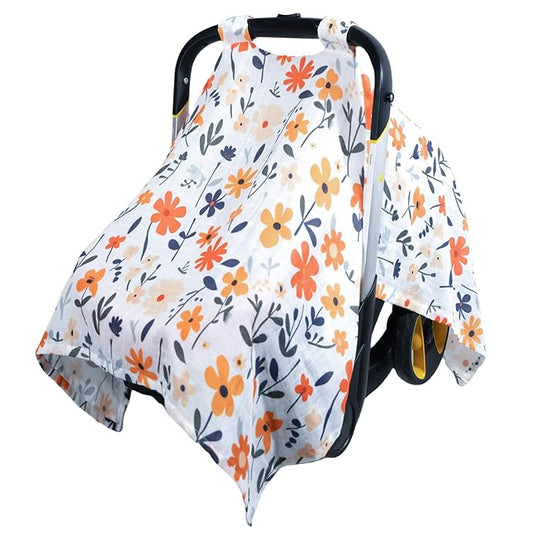 80S Muslin Car Seat Cover for Babies - Soft & Breathable Infant Carrier Canopy, Lightweight Sunshade for Summer, Universal Fit for Baby Boys & Girls-BubblyBeeBaby