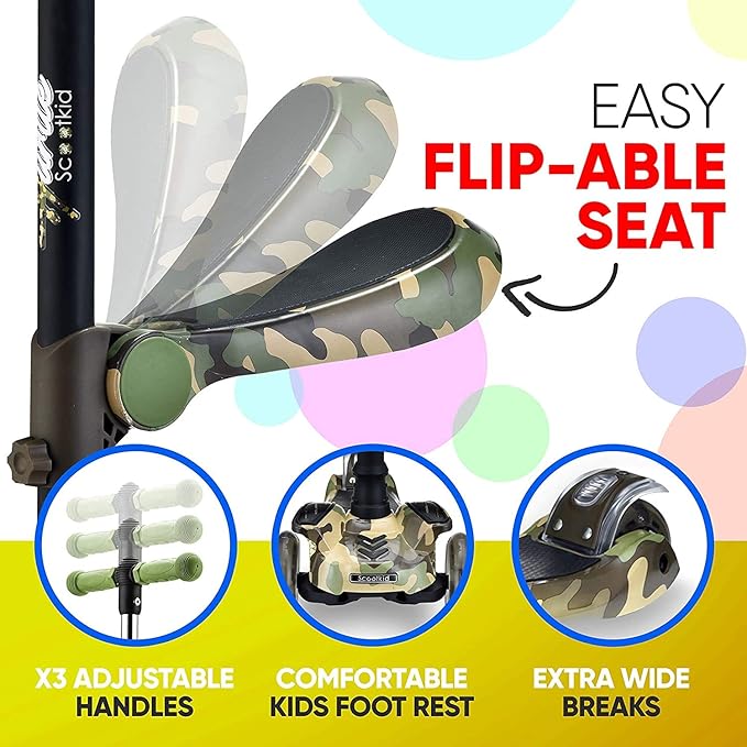 Hurtle 3-Wheeled Scooter for Kids - Wheel LED Lights, Adjustable Lean-to-Steer Handlebar, and Foldable Seat - Sit or Stand Ride with Brake for Boys and Girls Ages 1-14 Years Old-BubblyBeeBaby