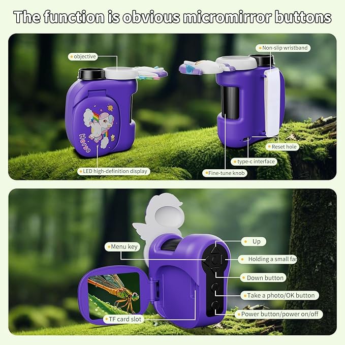 1600X Handheld Microscope for Kids 2" IPS Screen Kit Mini Pocket Digital Microscopes STEM Science with Slides Photo Video Rechargeable Portable Scope Gift for Ages 6-12 (Purple)-BubblyBeeBaby