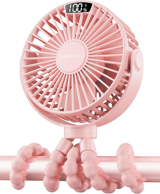 SWEETFULL Portable Stroller Fan with Display 4000mAh Battery Powered Mini Clip On Fan, 4-Speed Rechargeable Small Personal Cooling for Baby Car Seat Crib Travel - Pink-BubblyBeeBaby