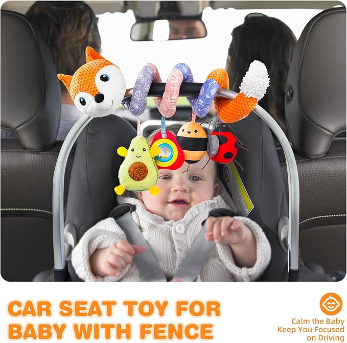 Jollybaby Baby Car Seat Stroller Toys, Plush Activity Hanging Spiral Activity Pram Crib with Music Box, Rattles, Squeaker for Babies Infant Boys Girls(Orange Fox)-BubblyBeeBaby