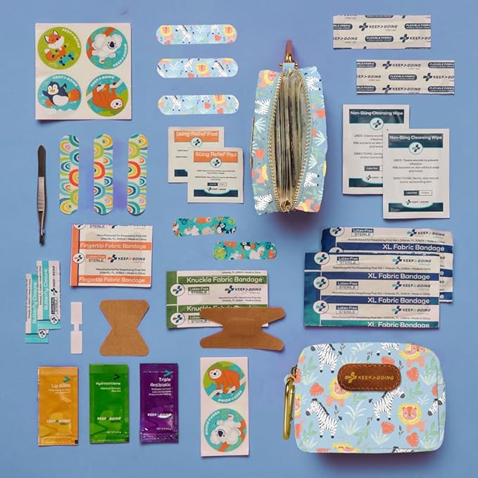 KeepGoing Small Travel First Aid Kit Kids – 60 Pc. Mini First Aid Kit for Purse, Diaper Bag, & Backpack with Latex-Free Bandages – 4 Oz., & 4.5 x 3.5 x 2 in, TSA-Approved-BubblyBeeBaby