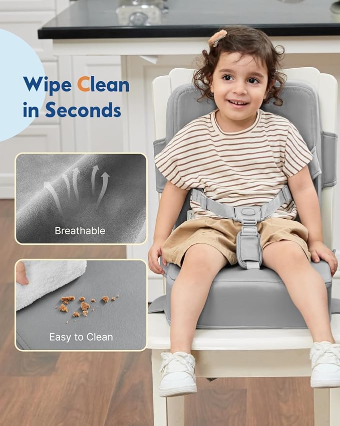 HOMEAL Booster Seat for Kitchen Chair - Compact Toddler Dining Seat with Easy-Install Straps & Wipeable Surface - Breathable Fabric Booster Seat for Table - Light Gray-BubblyBeeBaby
