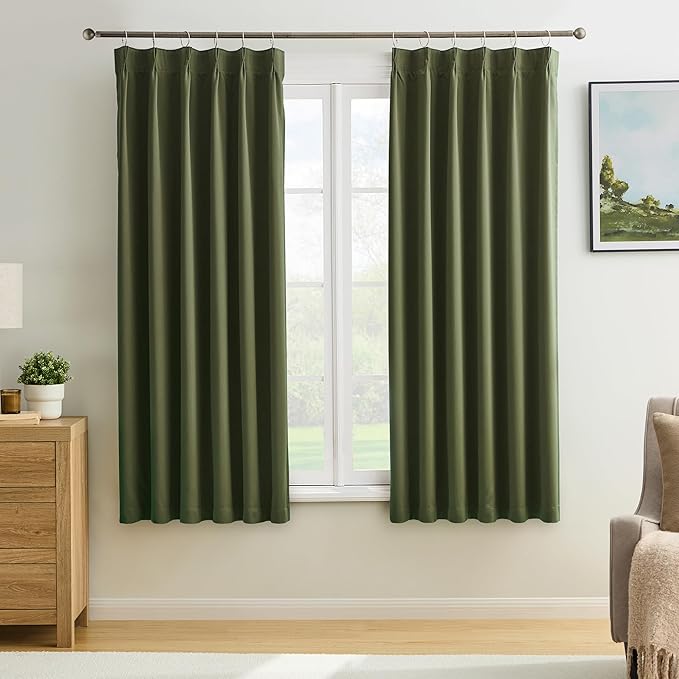 KEQIAOSUOCAI Dark Olive Pinch Pleated Curtains 63 Inches Long for Short Windows, Room Darkening Blackout Curtain Drapes for Bedroom 40 x 63 Inch -2 Panels-BubblyBeeBaby