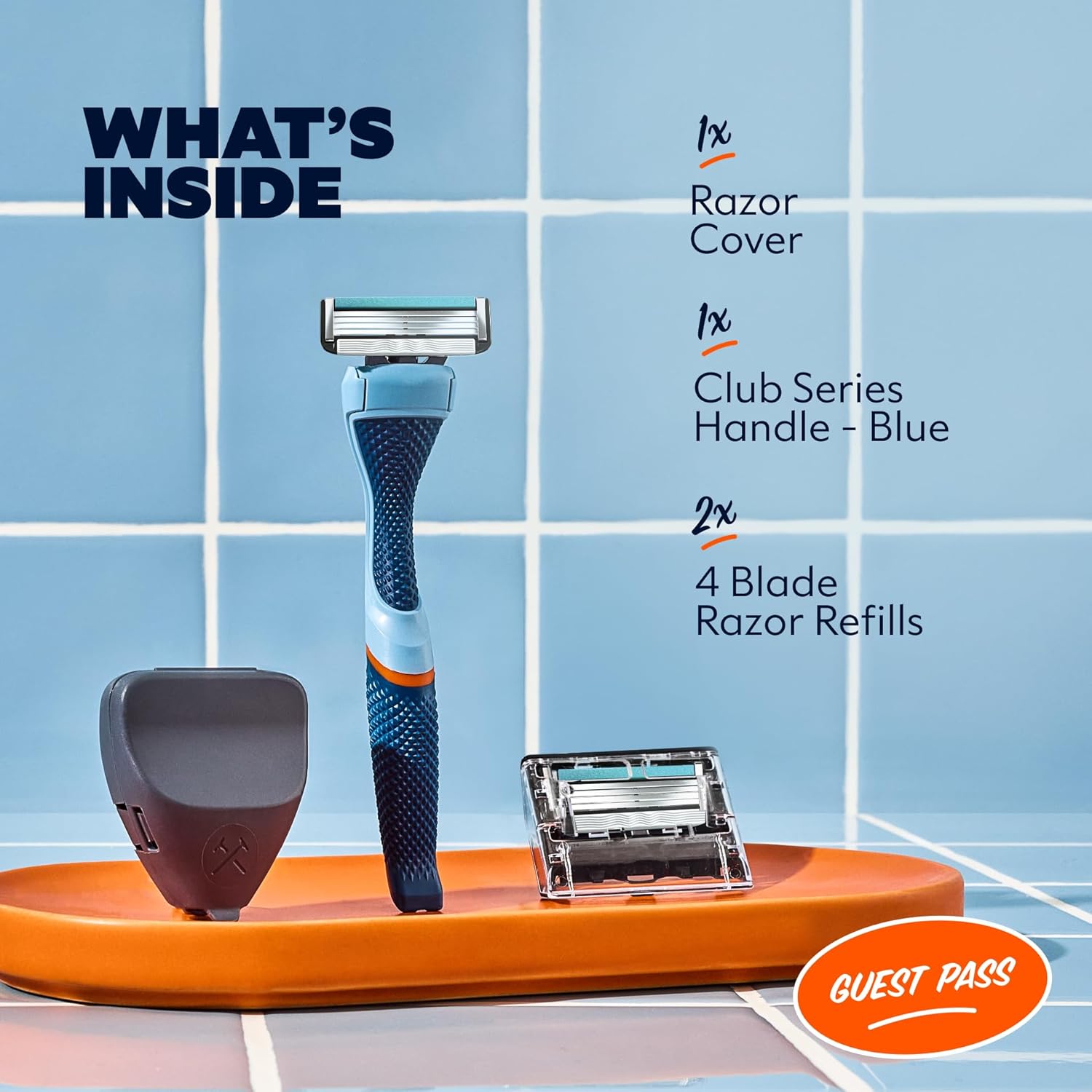 Dollar Shave Club | The Guest Pass Shave Set | 2 Swift Rinse Refill Cartridges, 1 Handle (Blue), 1 Razor Cover, Razors for Men