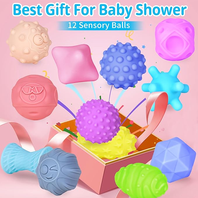 12 Pcs Sensory Balls for Toddlers, Sensory Baby Toys, Montessori Toy for Babies Squeeze, Infant Toys Soft Multi Ball Set Gifts with Bright Color Textured-BubblyBeeBaby