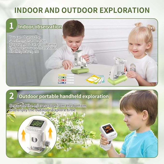 1200X Microscope for Kids with 2 inch Screen STEM Digital Science Kit Rechargeable Handheld Mini Pocket Children Students Slides Portable Gift for Kids Ages 6 to 12 (Green)-BubblyBeeBaby