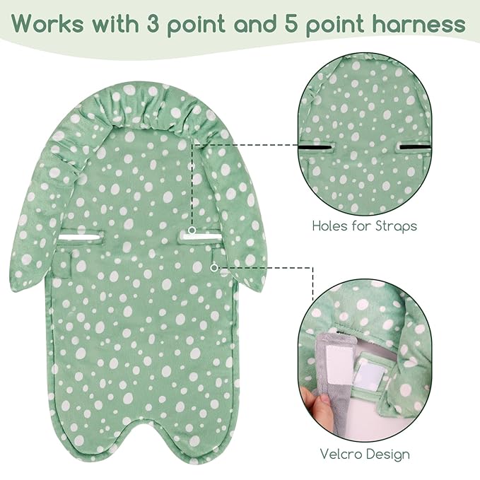 Baby Car Seat Head Support for Newborn, GFU 2 in 1 Infant Car Seat Head Body Support with Strap Pads, Soft Stroller Cushion Pillow Insert for Girls and Boys, Fits for Stroller, Swing, Green-BubblyBeeBaby