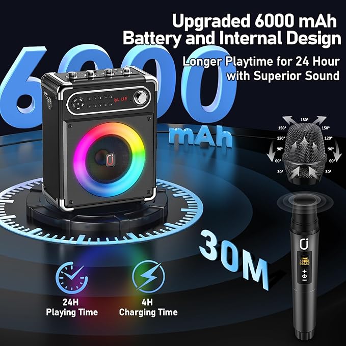 Karaoke Machine with 2 Wireless Microphones,【Upgraded 6.5"Woofer & 2"Tweeter】Portable Bluetooth 5.3 Karaoke Speaker, PA System with Bass/Treble/Echo Adjustment, Supports USB/AUX/TF/TWS for Home Party-BubblyBeeBaby