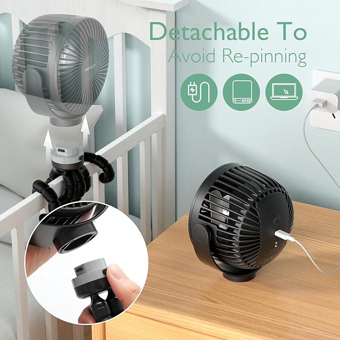 Momcozy Portable Stroller Fan, 8000mAh, 27H Ultra-long Battery Life, Detachable 4 Speed 360°Rotate, LED Night Light with 2 Modes, USB Rechargeable Handheld Cooling Fan for Travel, Car Seat, Bedroom-BubblyBeeBaby