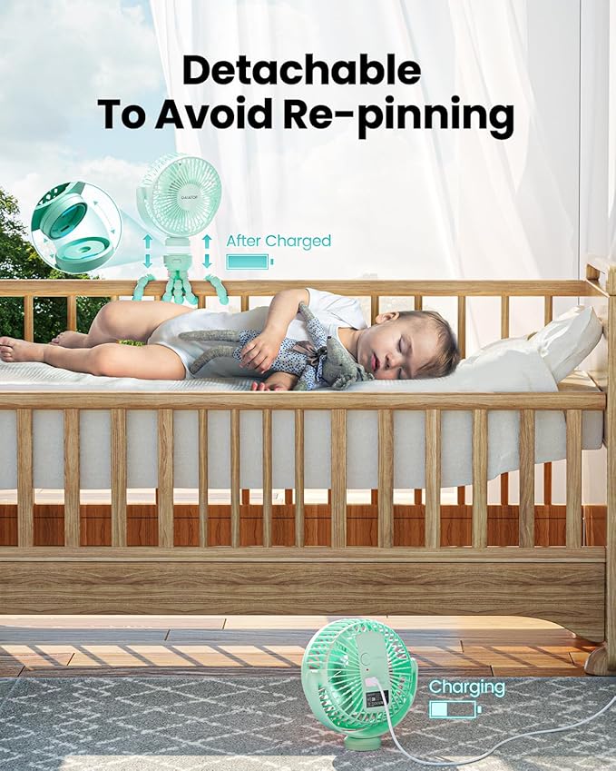 Gaiatop Mini Portable Stroller Fan, Battery Operated Small Clip on, Detachable 3 Speed Rechargeable, 360° Rotate Flexible Tripod Better Cooling for Car Seat Crib Treadmill Travel Green-BubblyBeeBaby