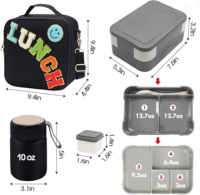 Insulated Lunch Bag for Boys Girls with 10oz Thermo, with 6 Compartment Bento Box, Black Nylon Preppy Lunch Box Adjustable Strap for Boy Girl Kids Teens School Travel Picnic-BubblyBeeBaby