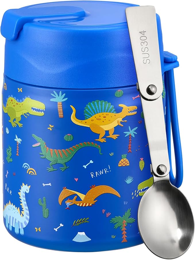 17oz Soup Thermo for Hot Food Kids Insulated Vacuum Food Jar with Stainless Steel Spoon Wide Mouth Thermo Leakproof Lunch Food Container Kids Hot Lunch Box (Blue-Dinasour)-BubblyBeeBaby
