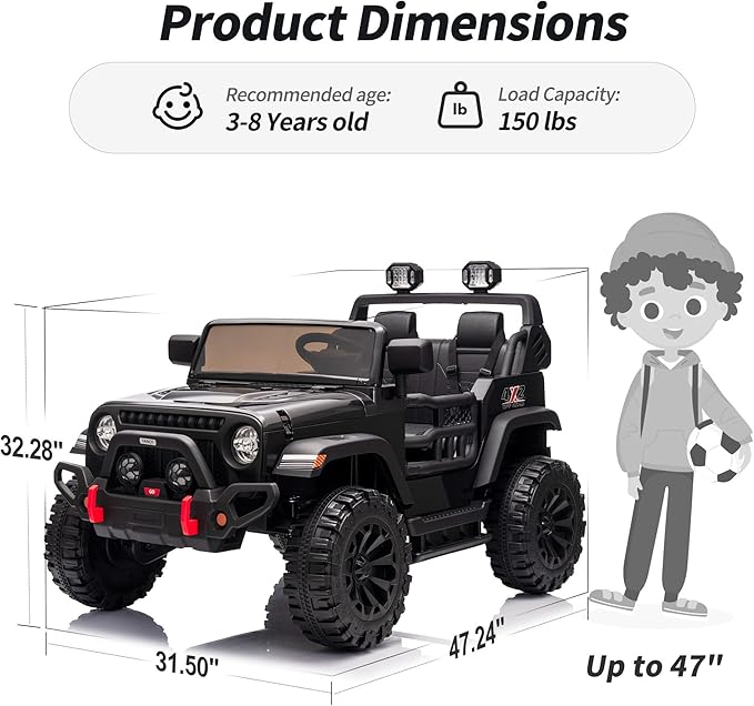 2 Seater Ride on Car Truck, 12V Kids Electric Ride on Toy for Big Kids Age 3-8 w/Remote Control- Black-BubblyBeeBaby