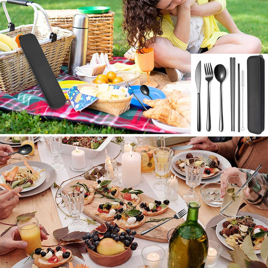 AARAINBOW 6 Pieces 18/8 Stainless Steel Flatware Set Portable Reusable Cutlery Set Travel Utensils Set Including Chopsticks Knife Fork Spoon Straws Cleaning Brush Dishwasher Safe (Black)