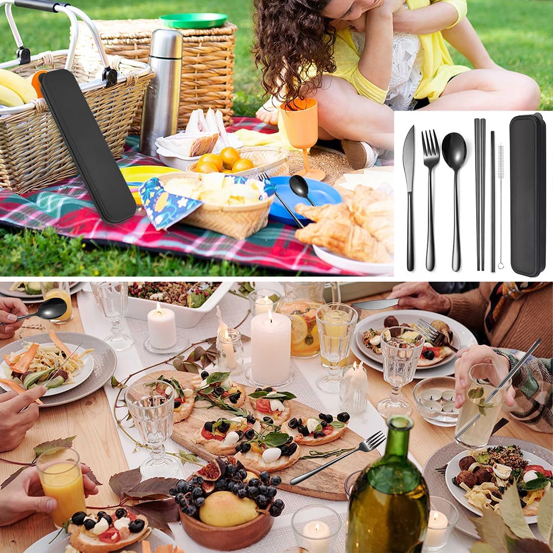 AARAINBOW 6 Pieces 18/8 Stainless Steel Flatware Set Portable Reusable Cutlery Set Travel Utensils Set Including Chopsticks Knife Fork Spoon Straws Cleaning Brush Dishwasher Safe (Black)