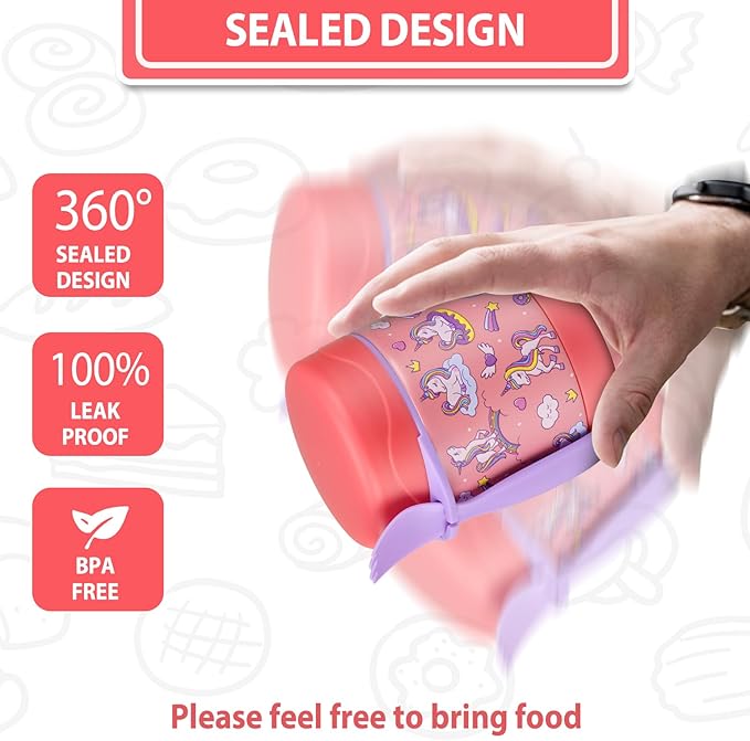 10oz Soup Thermo for Hot Food Kids,Lunch Thermo Kids Food Jar with Spoon Hot Insulated Food Containers,Leak Proof Stainless Steel Wide Mouth Lunch Food Thermo Jar for School(Pink-Unique Horse)-BubblyBeeBaby