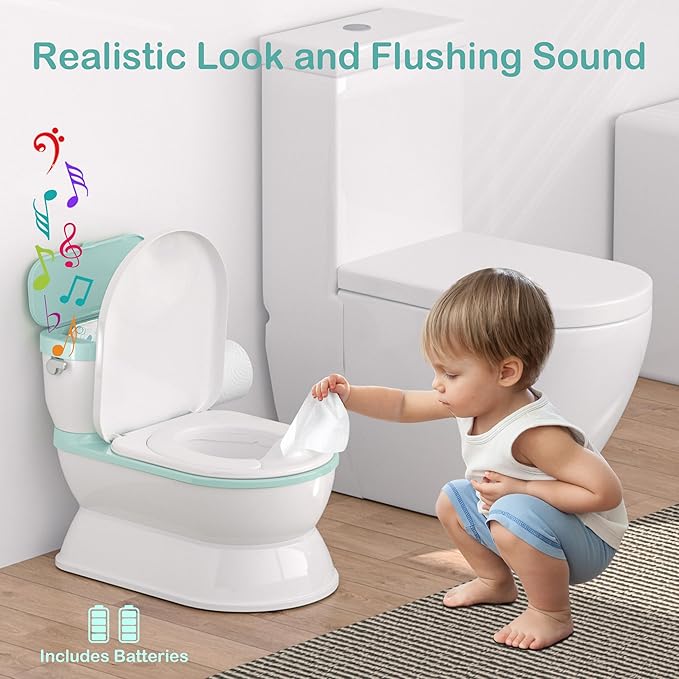 2-in-1 Toddler Potty Training Toilet - Larger Potty Chair & Detachable Training Seat for Boys & Girls Ages 1-3 with Flushing Sound, Wipes Storage, Toilet Paper Holder - Cyan-BubblyBeeBaby