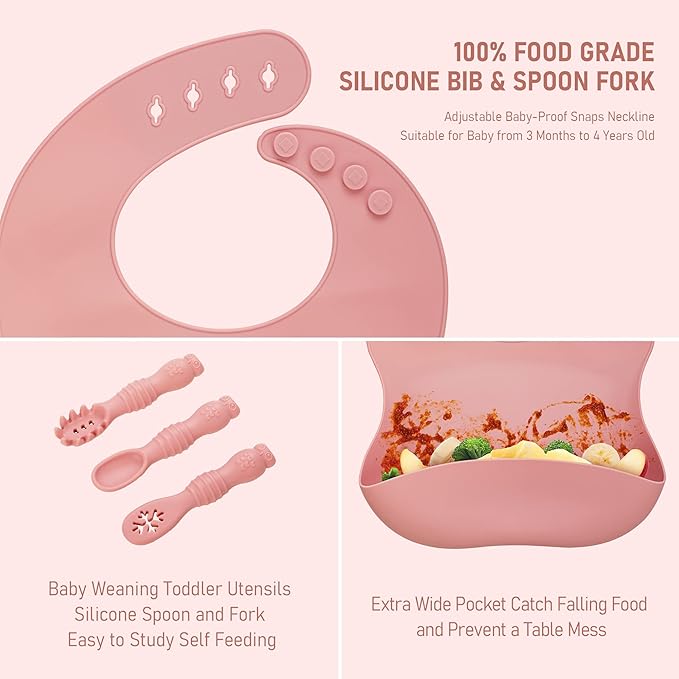 Baby Weaning Set - Silicone Toddler Feeding Set (10 Pcs) with Adjustable Bib, Suction Bowl, Plate, Fork, Spoon, Water & Snack Cup Kit - Baby Led Weaning Kit-BubblyBeeBaby