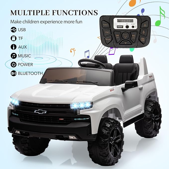 Hetoy 24V 2-Seater Truck Licensed Chevrolet Silverado Ride On Car Toy w/Parent Remote Control,4xSpring Suspension, 3 Speeds, Wireless Music, MP3 Player, Electric Vehicle Car for Kids, White-BubblyBeeBaby