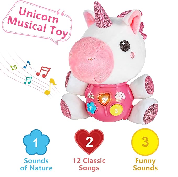 iPlay, iLearn Baby Unicorn Musical Toys, Newborn Girls Gift, Soft Unicorn Plush Stuffed Animal, Infant Light Music Time, 1st Birthday Shower Gift Stuffers for 0 1 2 3 6 9 12 18 Month 1-3 Yrs Toddlers-BubblyBeeBaby
