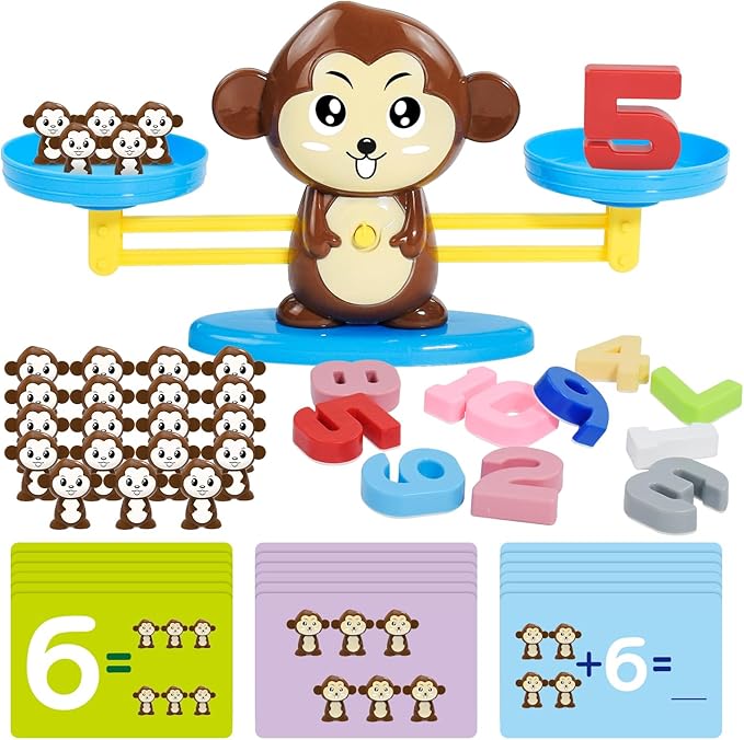 BAKAM Monkey Balance Scale Toy, Number Counting Blocks Games, Montessori Math Games for Kids 5-7, Preschool Kindergarten Learning Activities, STEM Educational Toys for 3+ Year Old-BubblyBeeBaby