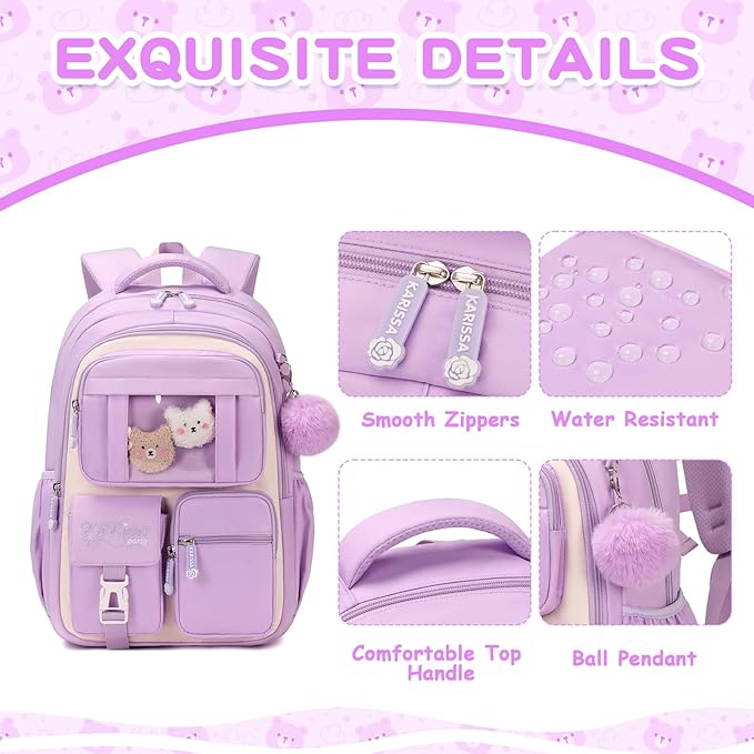 Kids Backpack for Girls School Bags for Middle School Students Book Bag for Elementary Primary Kawaii Ita Backpack, Purple and Beige-BubblyBeeBaby