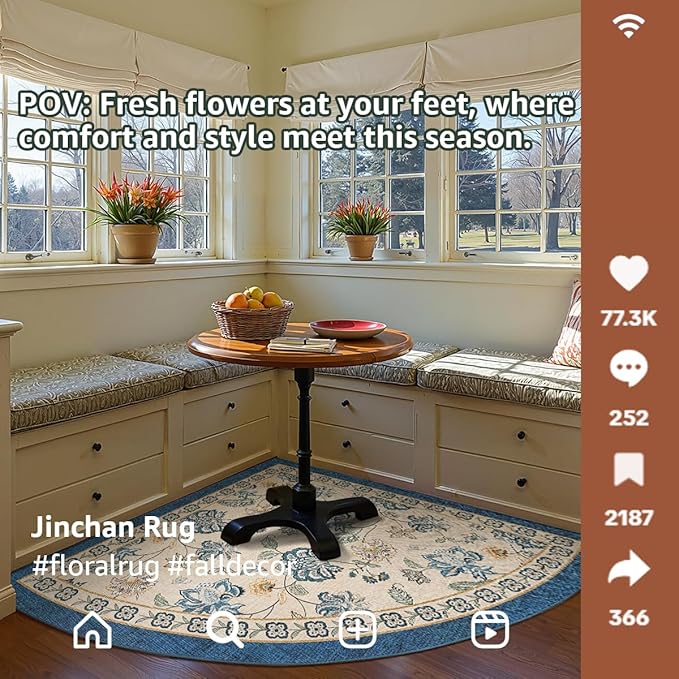 jinchan Floral Corner Rug for Living Room Washable Bedroom Rug Vintage Romance Design Non Slip Quarter Circle Lightweight Low-Pile Throw Carpet for Reading Nook Playroom,8ft Radius, Blue/Beige-BubblyBeeBaby