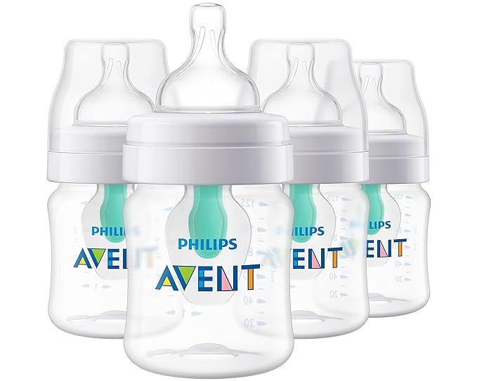Philips Avent Anti-Colic Bottle with AirFree Vent, 4oz, with Flow 1 Nipples, 0m+, 4pk, Clear, SCY701/04-BubblyBeeBaby