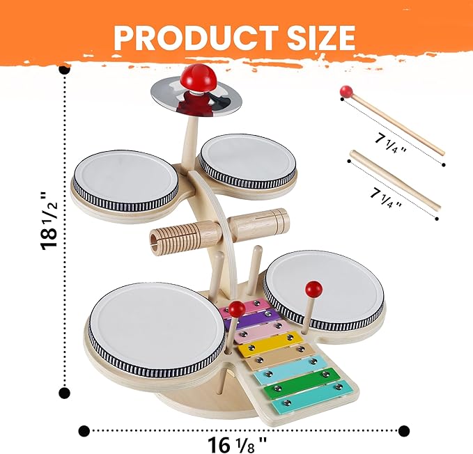 iPlay, iLearn Toddler Wooden Drum Set, Kids Musical Instruments Toy, 8 in 1 Percussion Drum Kit W/Xylophone Cymbal, Baby Montessori Learning Birthday Gifts for 18 Month, 2 3 4 5 6 Year Old Boy Girl-BubblyBeeBaby