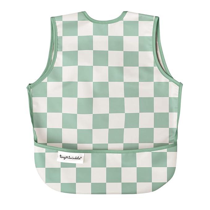 Tiny Twinkle Mess Proof Baby Bib - Waterproof & Lightweight Baby-Led Weaning Apron | 100% Recycled Polyester, Easy Clean & Machine Washable (Green Checkers, Large 2-4 Years)-BubblyBeeBaby