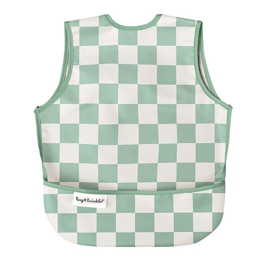 Tiny Twinkle Mess Proof Baby Bib - Waterproof & Lightweight Baby-Led Weaning Apron | 100% Recycled Polyester, Easy Clean & Machine Washable (Green Checkers, Large 2-4 Years)-BubblyBeeBaby
