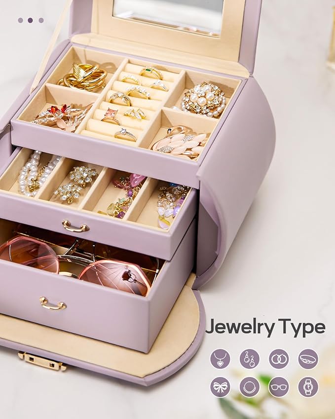Homde Girls Jewelry Box Jewelry Storage Case Organizer Faux Leather with Mirror for Rings, Earrings, Bracelets, Necklaces (Grey Purple)-BubblyBeeBaby