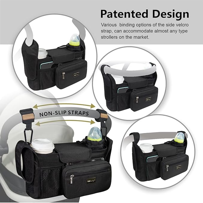 TOPDesign Universal Baby Stroller Organizer, Stroller Caddy with Heightened Insulated Cup Holders & Non-Slip Secure Hooks Accessories, Fits Most Strollers, Machine Washable (Black)-BubblyBeeBaby