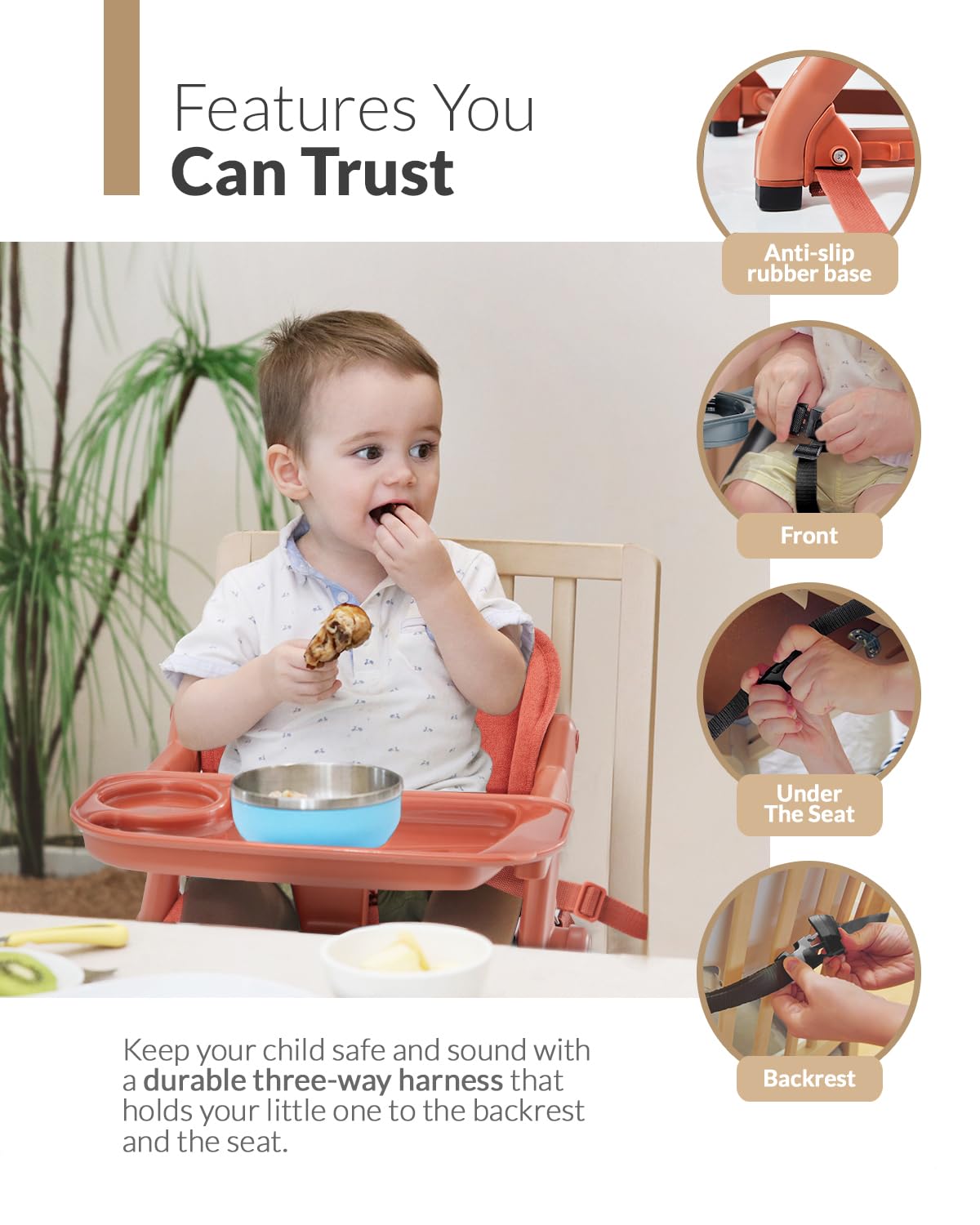 Feed Me 3-in-1 Travel High Chair Booster Seat for Infants and Toddlers - Transitional, Compact & Fits Any Chair, Swivel Tray, Pumpkin Orange