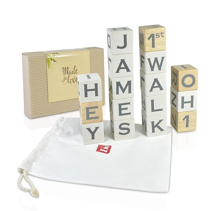 I'm Solid Wood Baby ABC Alphabet Milestone Age Blocks, Personalized Own Name, Gender Neutral, Newborn Gifts & Keepsakes for Picture Props (1.9" / 16 Pcs/White)-BubblyBeeBaby