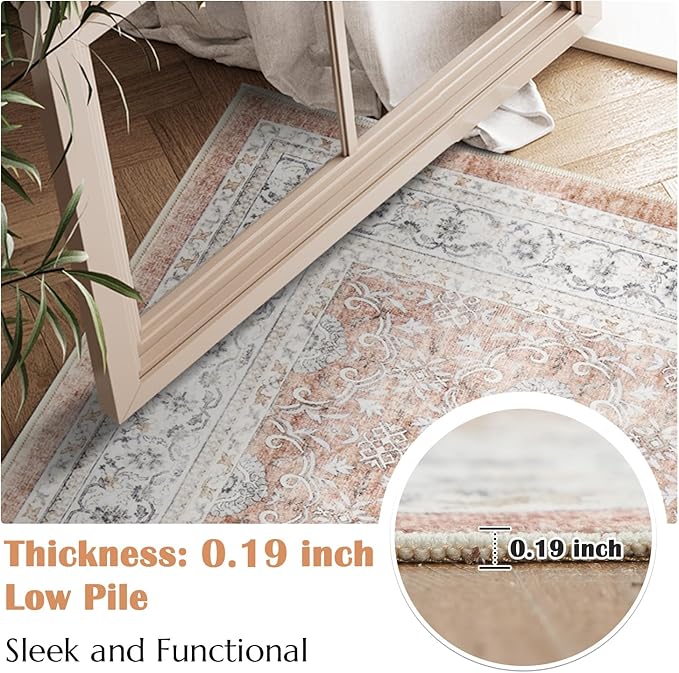 jinchan Floral 5x7 Area Rugs for Bedroom - Machine Washable Vintage Distressed Boho Design Throw Rug Stain Resistant Carpet Low-Pile Thin Non-Slip for Nursery Living Room Dining Room (5‘x7',Orange)-BubblyBeeBaby