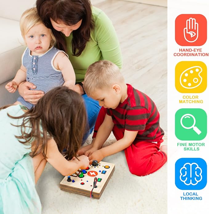 Joyreal Montessori Busy Board Wooden Sensory Toys for Toddler with LED Light Up Switch, Baby Fidget Board Travel Toys for 18+ Months, 1 2 3 Year Old Boys Girls Toddler Toy Gifts (Mixed Lights)-BubblyBeeBaby